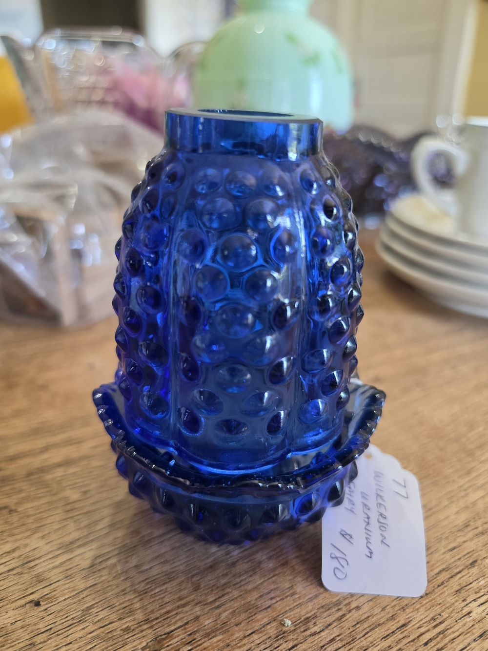 Wilkerson Fenton Cobalt Blue Uranium Hobnail Glass Fairy Lamp